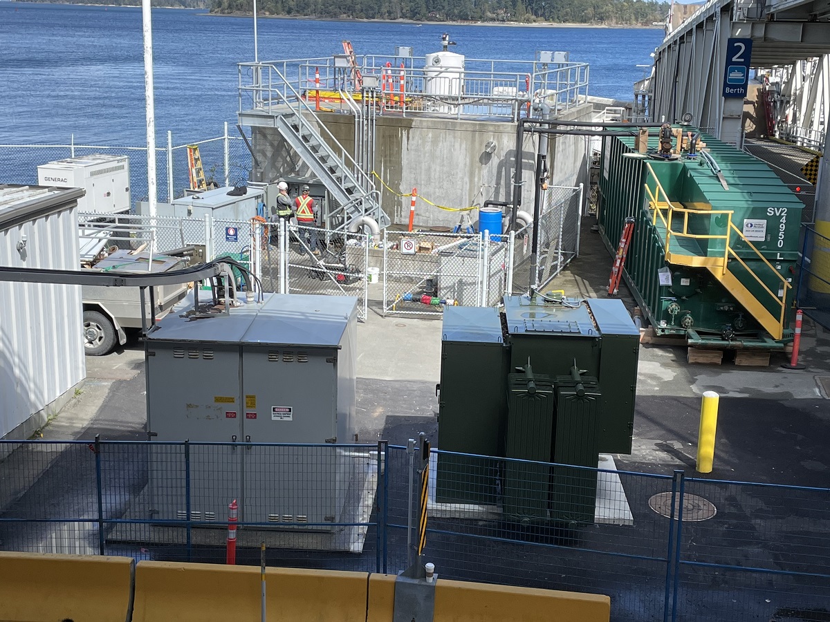 View of the sewage holding tank at Swartz Bay, with a new aeration and washdown system, and odour control unit.