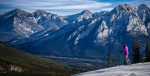 Skier standing on ridge overlooking a mountain valley in winter